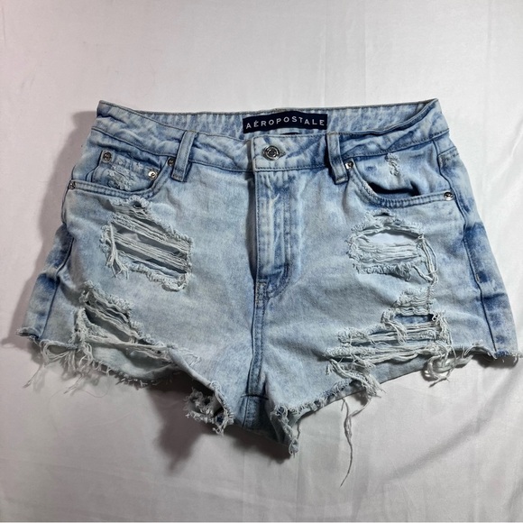 🖤2FOR$30Aeropostale Light Blue High-Waist Distressed Denim Shorts - Picture 2 of 11